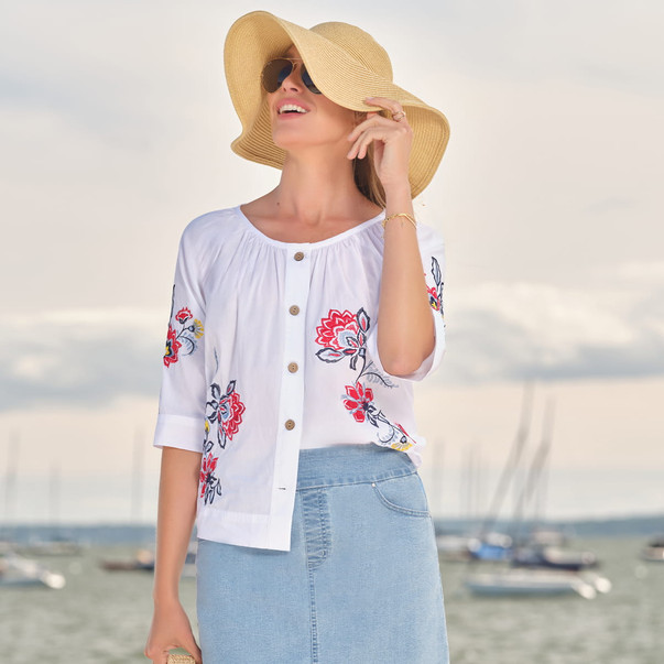 Plus Women's Floral Embroidered Poplin Button Front Top