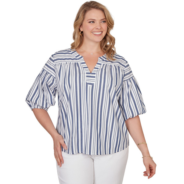 Plus Women's Striped Cotton Poplin Elastic Cuff Top