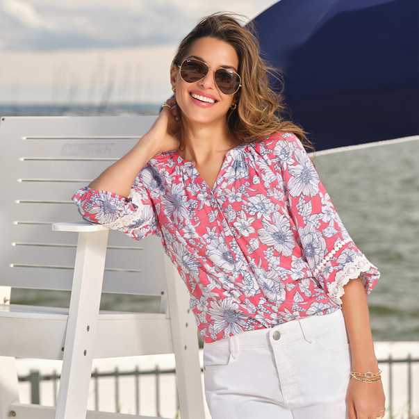 Petite Women's Floral Silky Gauze Peasant Button Front Top