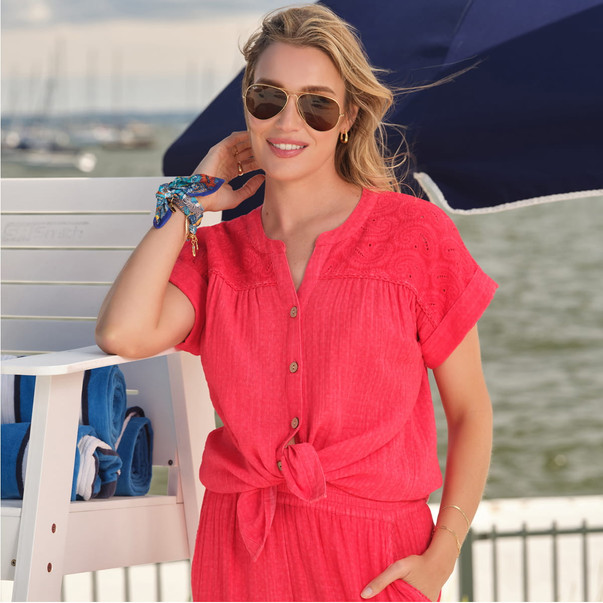 Plus Women's Paisley Embroidered Gauze Button Tee