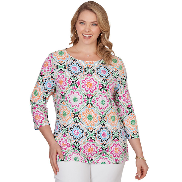 Plus Women's Kaleidoscope Floral Boat Neck Knit Top