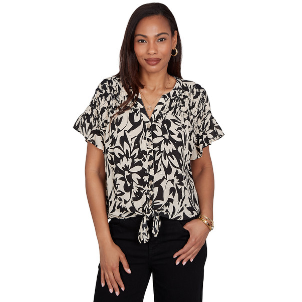 Women's Mono Floral Button Tie Front Tee