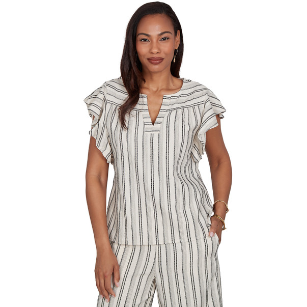 Petite Women's Flutter Sleeve Textured Stripe Top