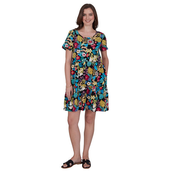 Petite Women's Tropical Print Tiered Cotton Knit Pocket Dress