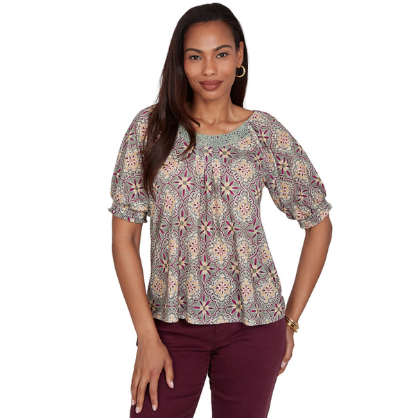 Petite Women's Desert Geo Print Lace Trim Knit Top