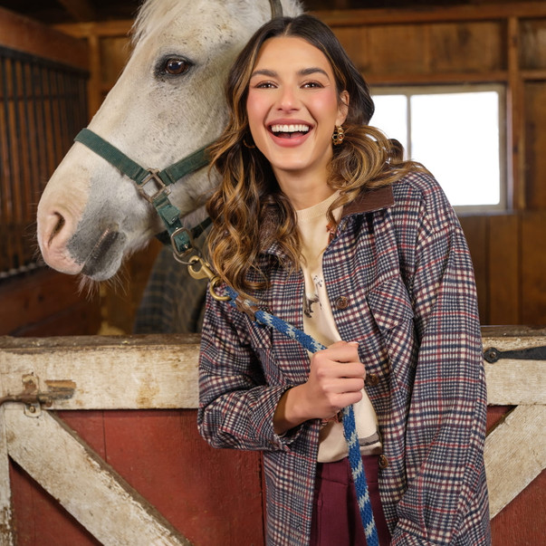 Women's Plaid Faux Leather Collared Shirt Jacket