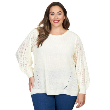 Plus Women's Crochet Textured Sleeve Pullover Sweater | Ruby Rd.