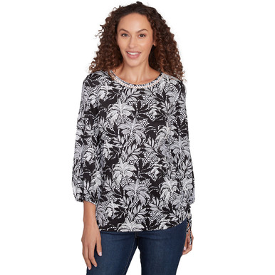 売れ筋商品|||ルビーロード カットソー トップス レディース Petite Tropical Motif Stripe Puff Print Knit Top Black Multi 送料無料】 ルビーアールディー レディース シャツ トップス