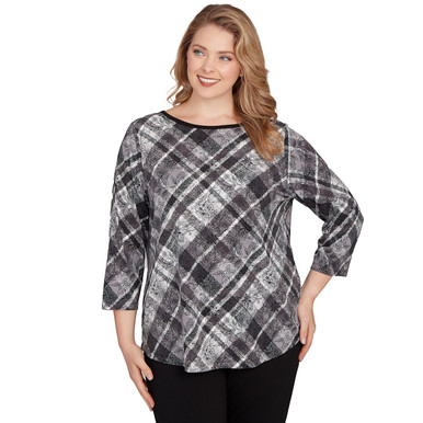 Plus Women's Solid Tipped Plaid Knit Top | Ruby Rd.