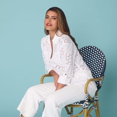 Women's Patchwork Eyelet Roll-Tab Sleeve Top | Ruby Rd.