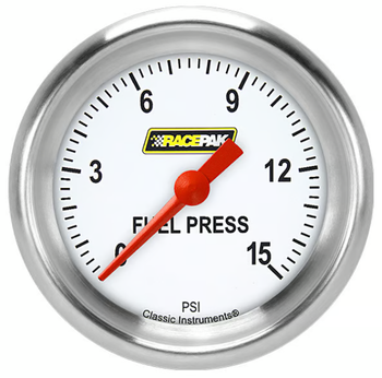 Racepak 2-5/8" Full Sweep Fuel Pressure Gauge White 15 PSI w/ Flat Glass Lens RP345WAPF
