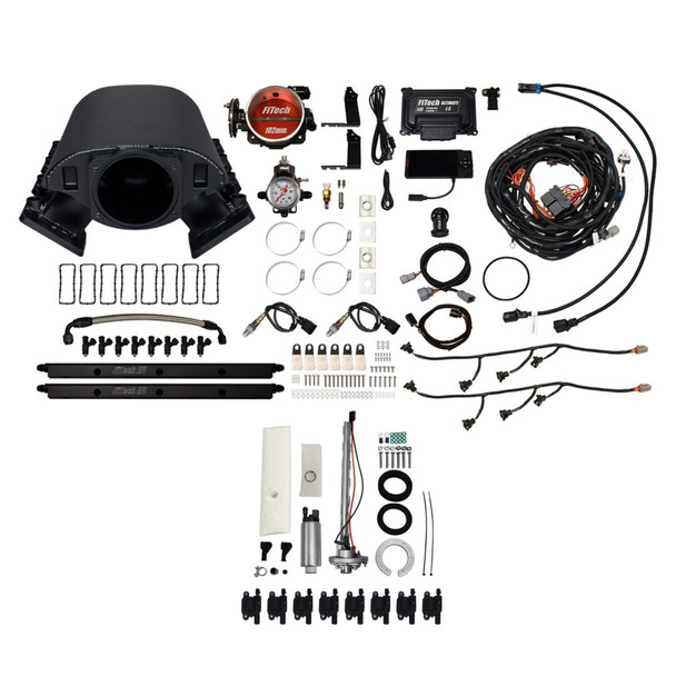 FiTech Ultimate Rebel LS 750HP Cathedral Intake, 340 LPH Fuel Pump, Regulator, Trans Control, LS3 Coil 8 Pack w/ LED Set 79791