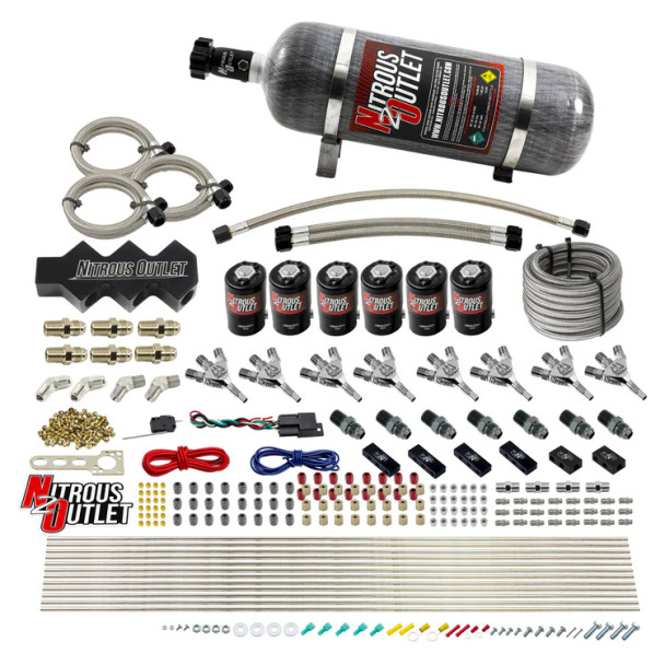 Nitrous Outlet Trident LS/LT Triple Stage Direct Port Dry System 1 In / 6 Out Distribution Blocks w/12lb Bottle 00-10401-12