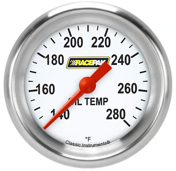 Racepak 2-5/8" Full Sweep Oil Temp Gauge White w/ Flat Glass Lens RP328WAPF (RP328WAPF)
