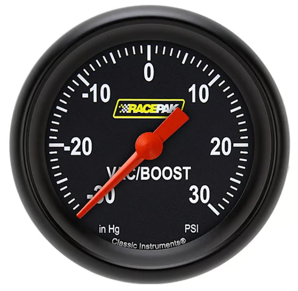 Racepak 2-5/8" Full Sweep Boost/Vacuum Gauge Black w/ Flat Glass Lens RP341BBPF