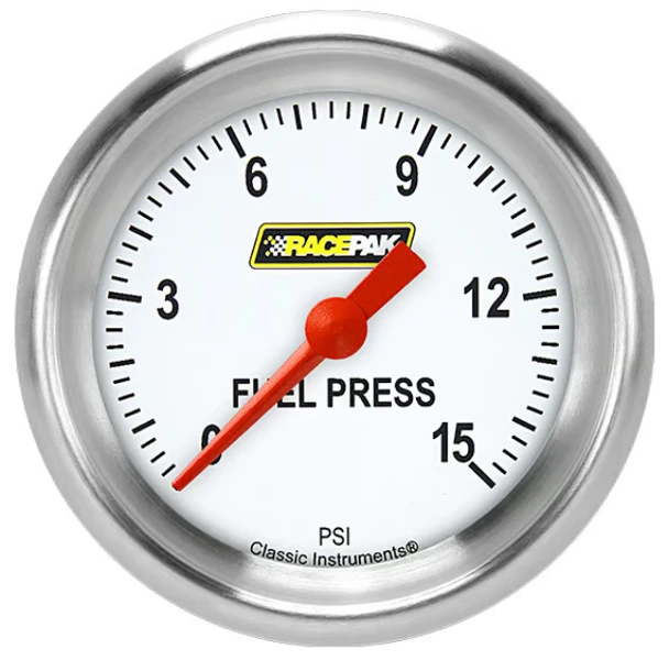 Racepak 2-5/8" Full Sweep Fuel Pressure Gauge White 15 PSI w/ Flat Glass Lens RP345WAPF