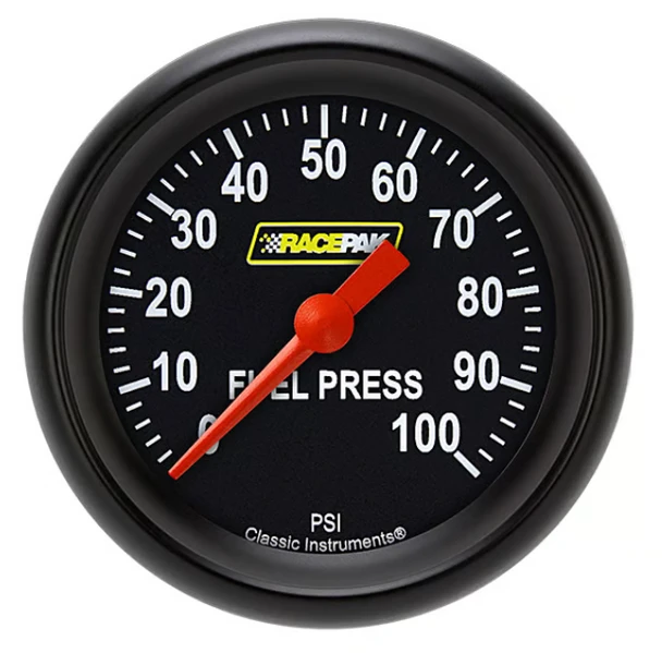 Racepak 2-5/8" Full Sweep Fuel Pressure Gauge Black 100 PSI w/ Flat Glass Lens RP346BBPF