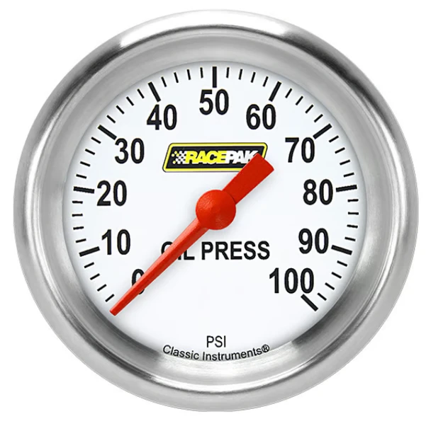 Racepak 2-5/8" Full Sweep Oil Pressure Gauge White 100 PSI w/ Flat Glass Lens RP381WAPF