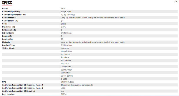 B&M 8-Foot Super Duty Black Shifter Cable 81834 B&M 8-Foot Super Duty Black Shifter Cable 81834