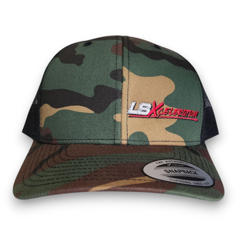 LSXceleration Trucker Hat Woodland Camo Offset Logo w/ Black Mesh