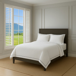 Olivia duvet covers are made from the finest Italian woven 100% cotton Long Staple cotton available. Finished with an elegant and classic single line of embroidery in either white on white or white with gray.  Olivia duvet covers are made from the finest Italian woven 100% cotton Long Staple cotton available. Finished with an elegant and classic single line of embroidery in either white on white or white with gray.