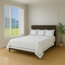 Olivia all white with Grey embroidery for the Wyoming King Bed. Available in flat, fitted, pillowcases, duvet covers & shams. Olivia is made from Long Staple Cotton. Olivia is a super soft percale.