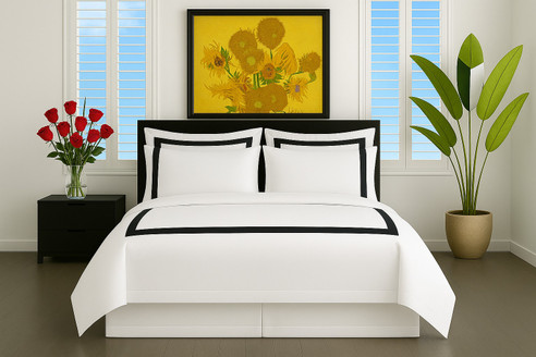 Ava Duvet covers, available in white with a 2" charcoal grey applique. Available in king and queen size. Use king size with California king and queen with full size bed. Woven and sewn in Italy from long staple cotton. Finished with 4" flange giving extra coverage of today's thicker mattresses. Ava Duvet covers, available in white with a 2" charcoal grey applique. Available in king and queen size. Use king size with California king and queen with full size bed. Woven and sewn in Italy from long staple cotton. Finished with 4" flange giving extra coverage of today's thicker mattresses.