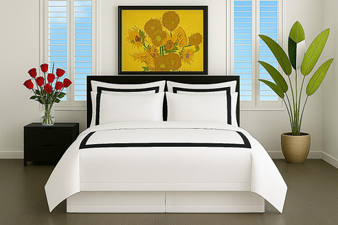 Ava Duvet covers, available in white with a 2" charcoal grey applique. Available in king and queen size. Use king size with California king and queen with full size bed. Woven and sewn in Italy from long staple cotton. Finished with 4" flange giving extra coverage of today's thicker mattresses.