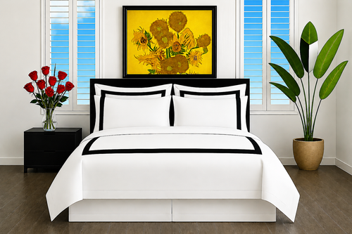 Shown here is a complete Ava ensemble, duvet cover, flat & fitted sheet and pillowcases. Made from 100% long staple cotton.