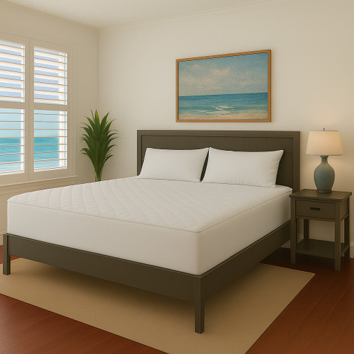 Luxury quilted mattress pad for your Vermont King bed. 96" W x 96" L x 17" D. Soft, plush and absorbent. 100% Cotton top and underside.