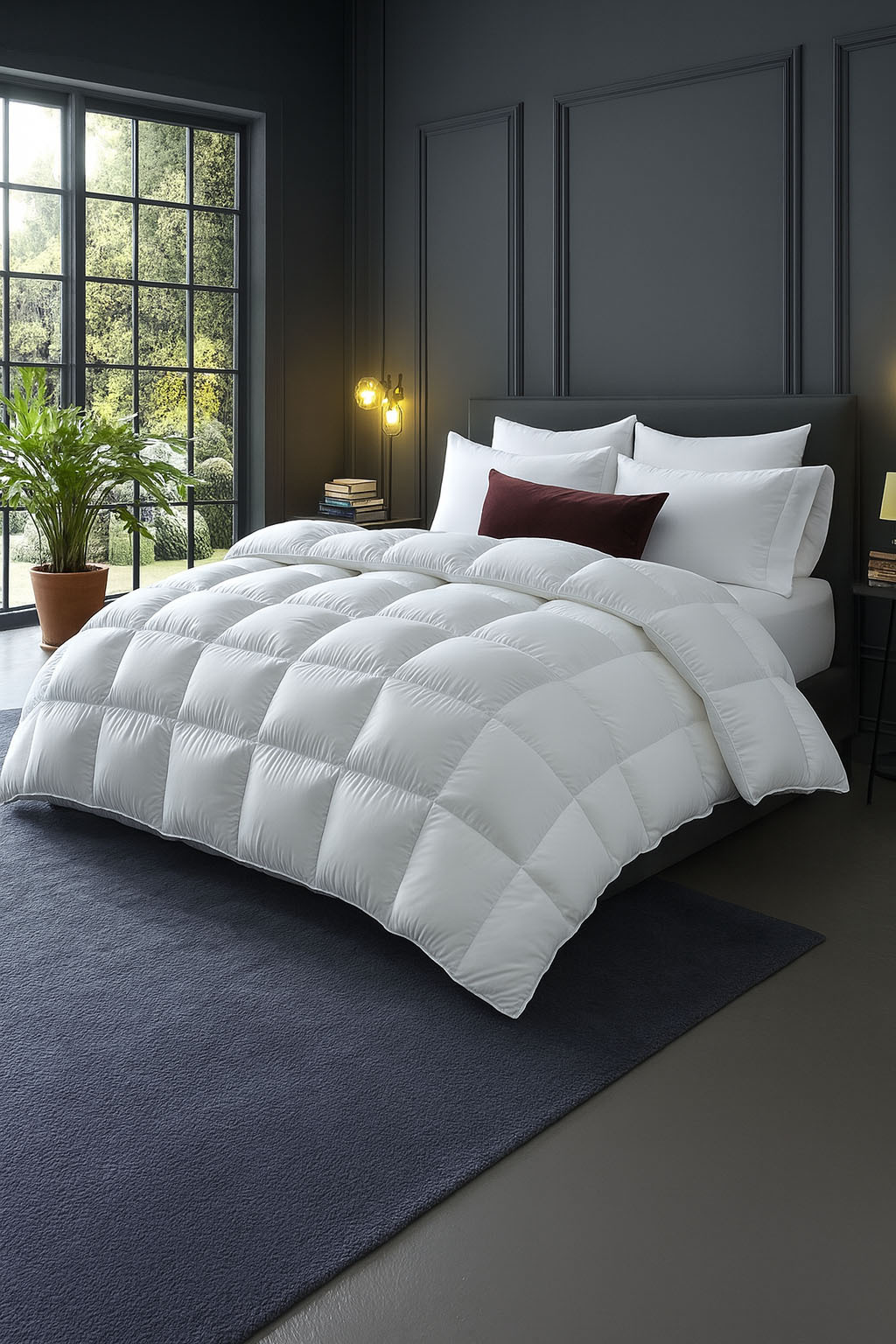 Luxury Baffle-Box Down Comforter for an Alaskan King bed. 136" W x 122" L. Made in the USA. Available in 2 warmth levels. Hypoallergenic. Warm, light and cozy.
