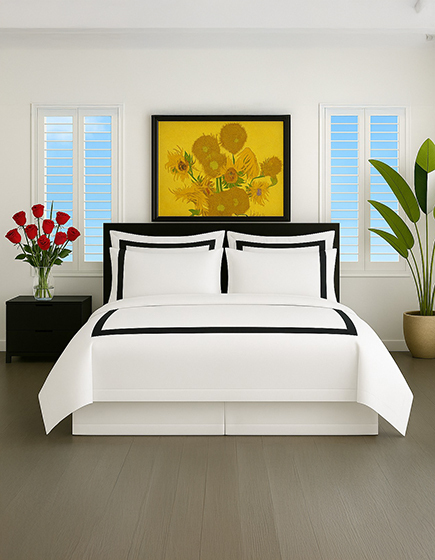 Shown here is a complete Ava ensemble - extra deep fitted sheet, flat sheet, pillowcases and duvet covet.