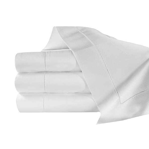 Diamante Sateen sheets in white. Extra Long Staple cotton. Finished with an elegant hemstitch detail. Handcrafted in Italy. 