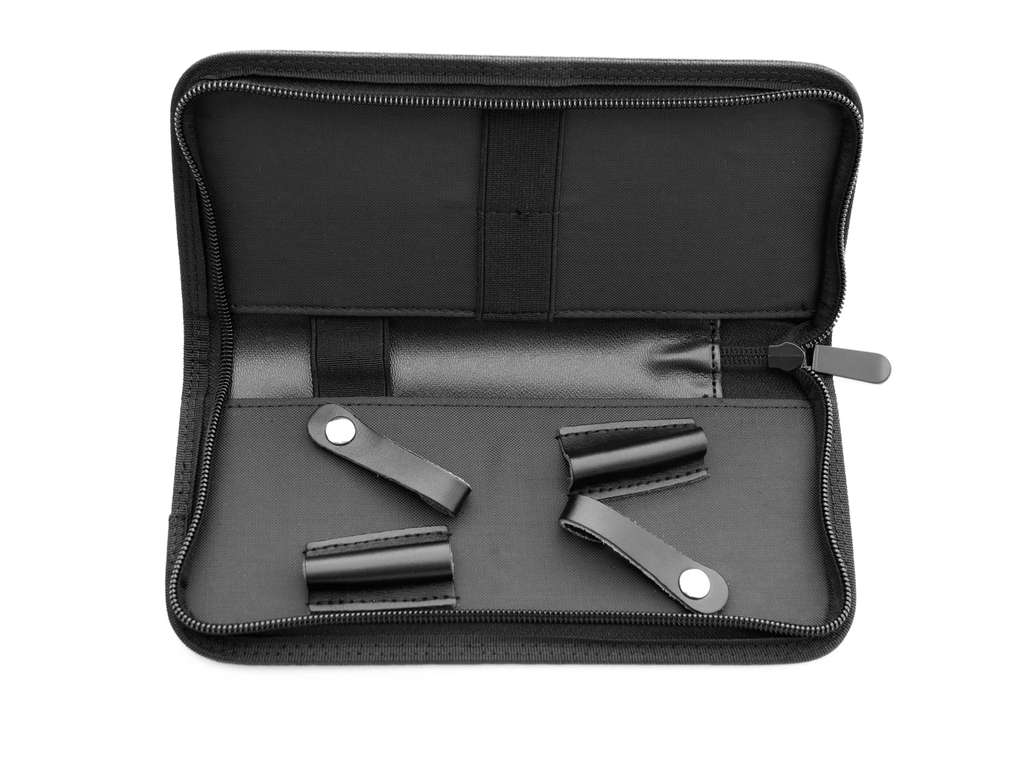 a black 2 piece scissor case opend showing 2 slots