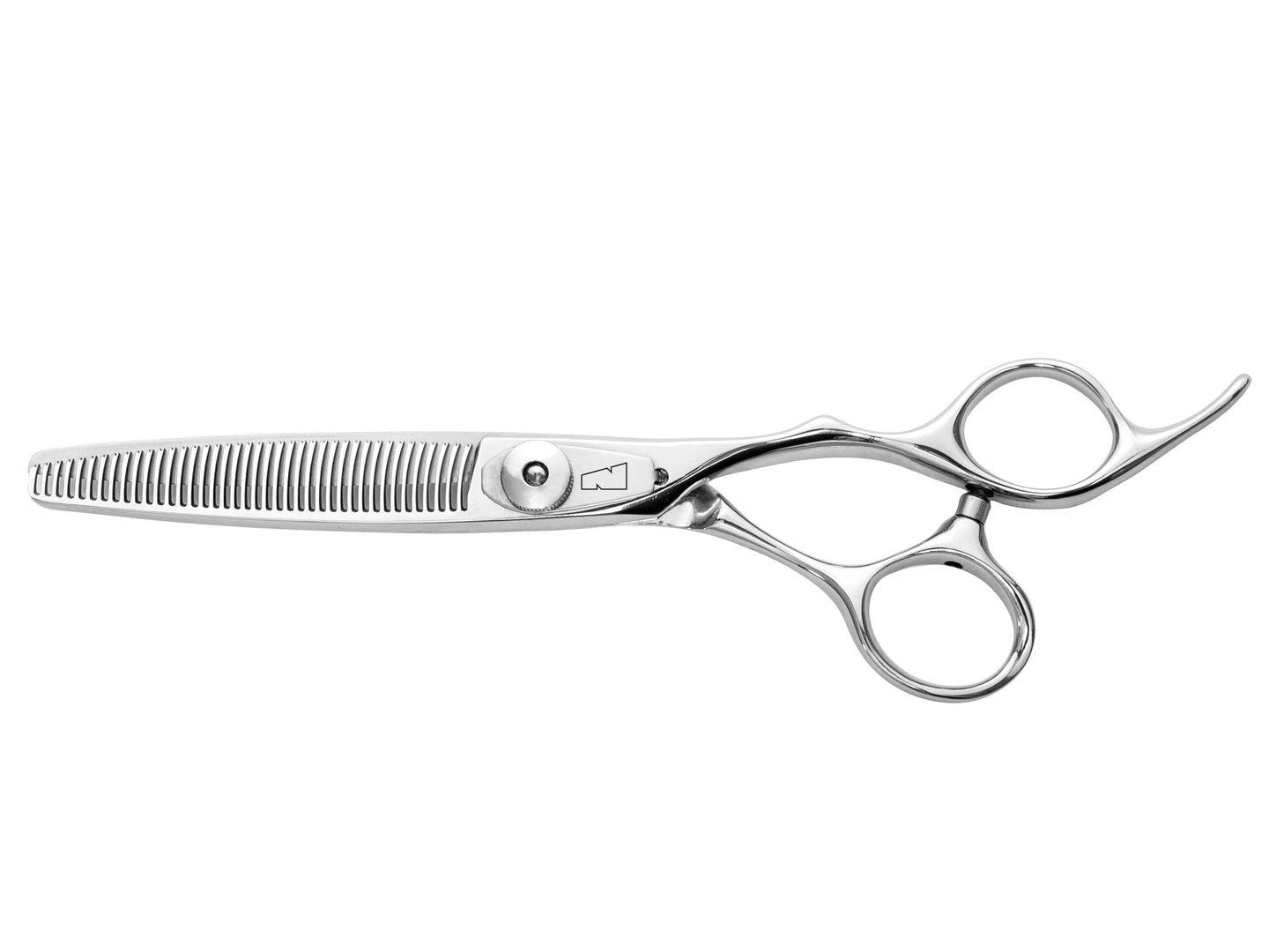 silver right handed scissors with black "N" logo and 40 teeth on one blade
