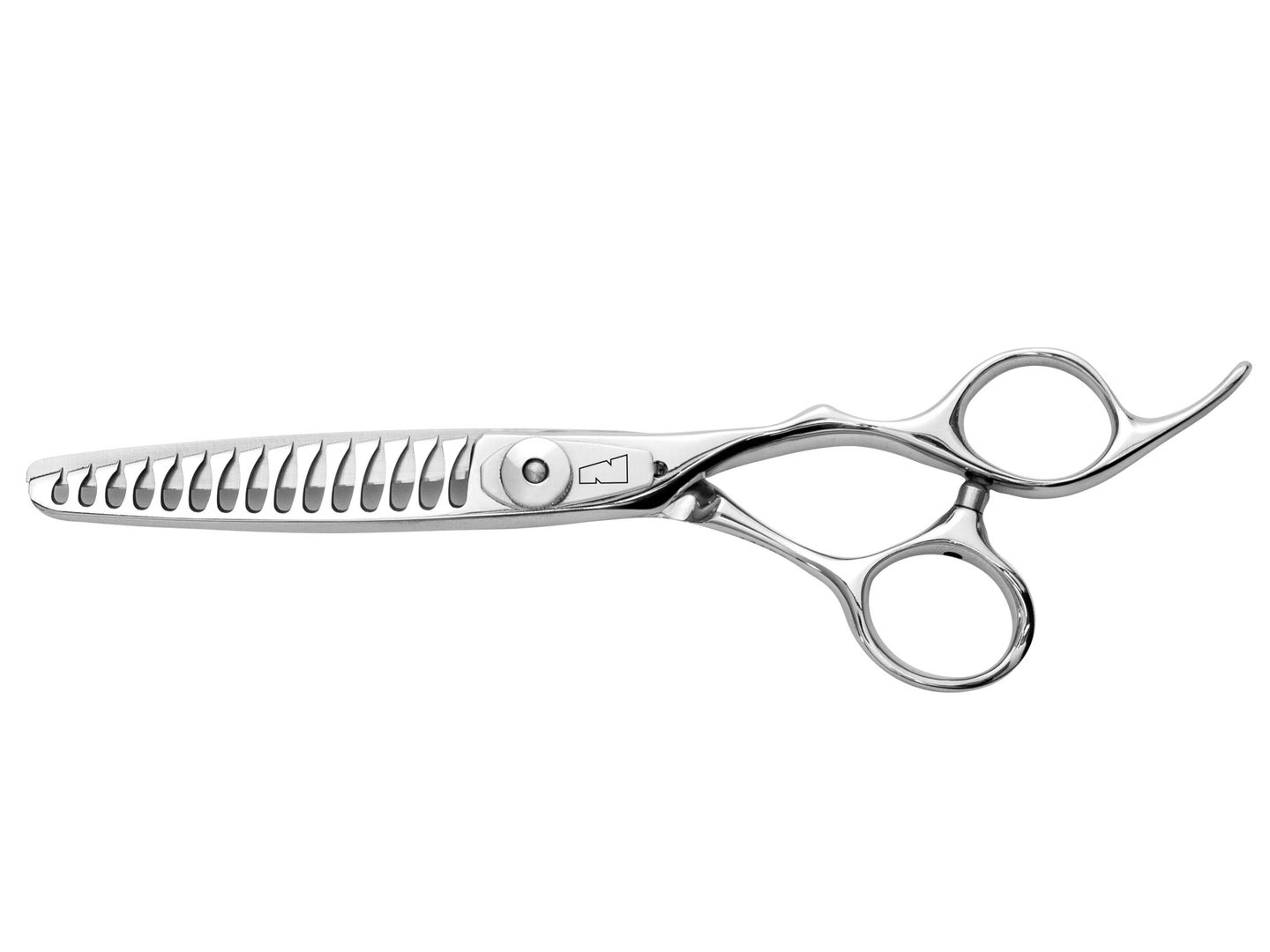 silver right handed scissors with black "N" logo and 15 teeth on one blade