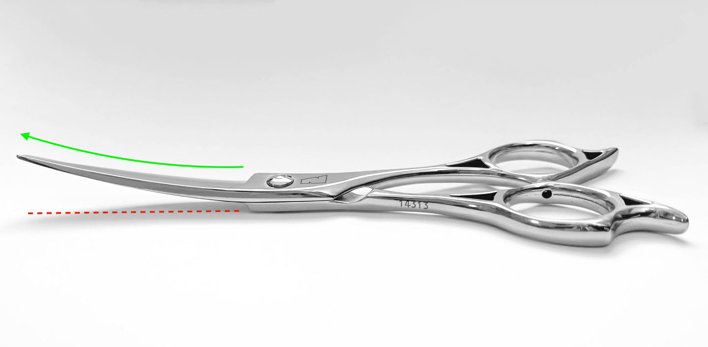 a silver right handed scissor with a black "N" logo laying flat on a white background showing the blade curving upwards.