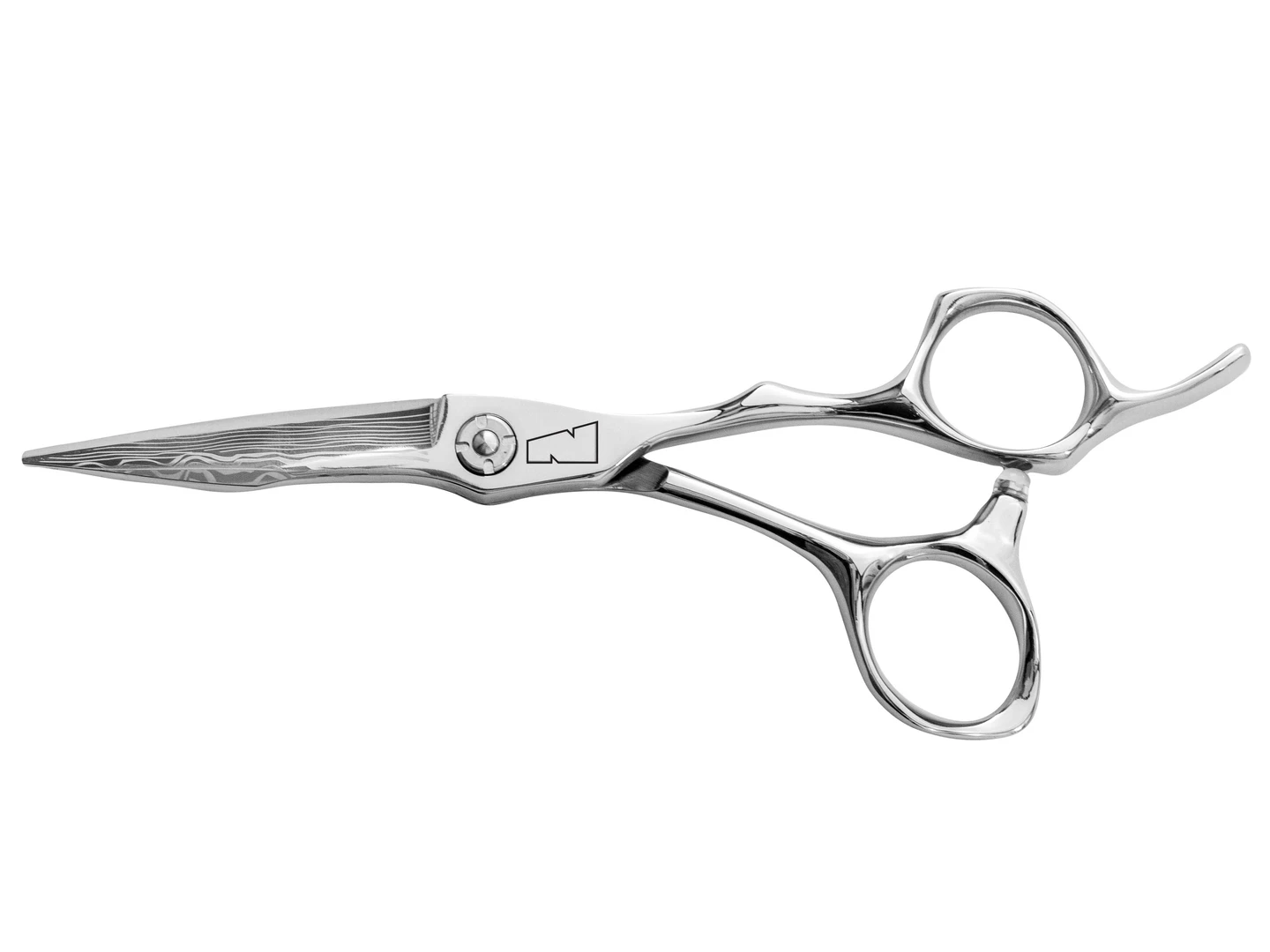 silver colored right handed hair scissor with black "N" logo