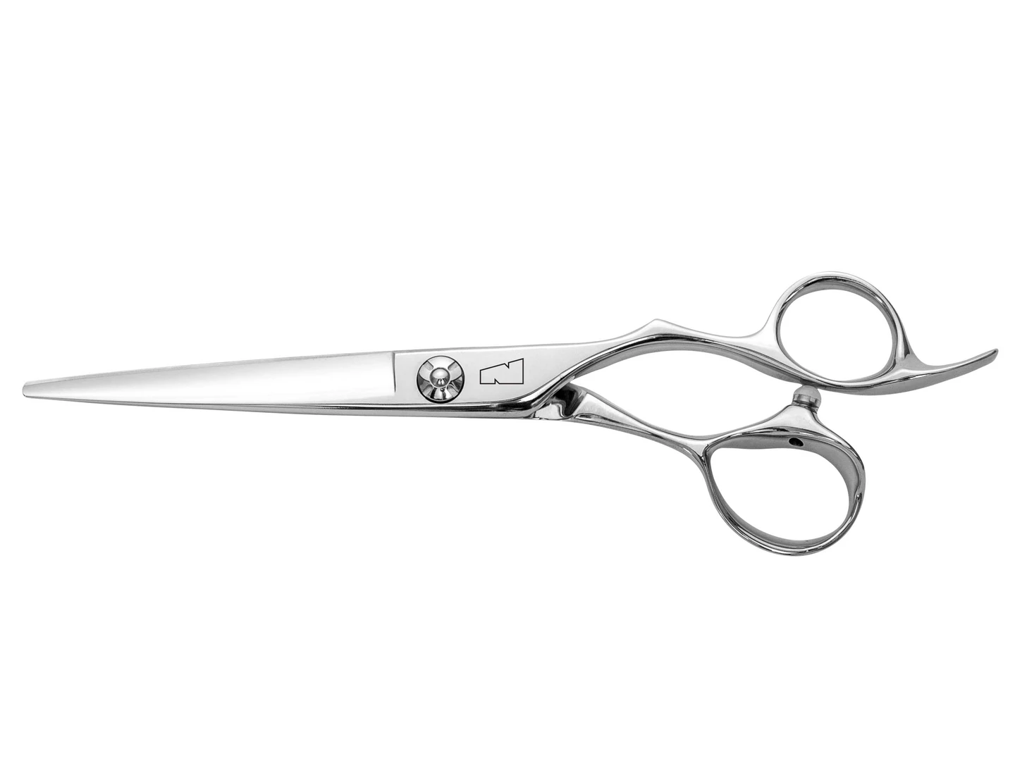 silver colored right handed hair scissor with black "N" logo