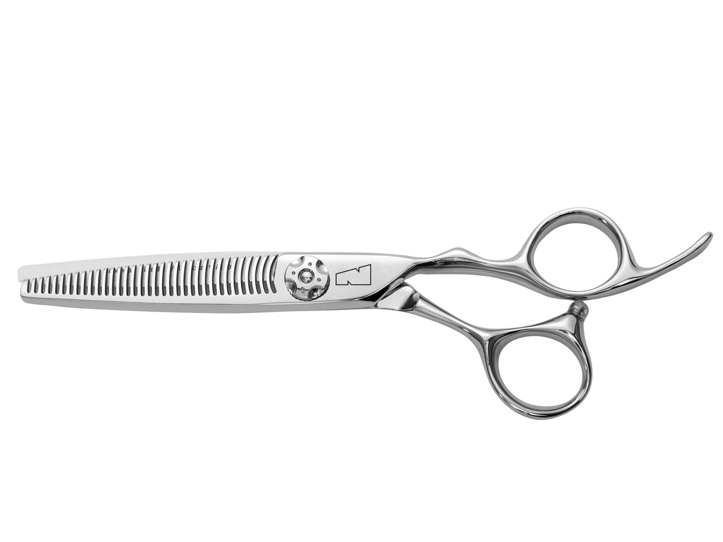 silver right handed scissors with black "N" logo and 35 teeth on one blade