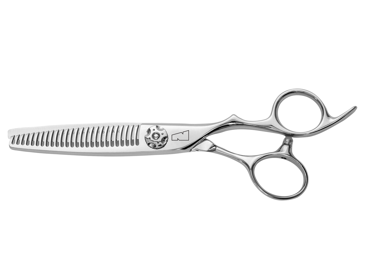 silver right handed scissors with black "N" logo and 26 teeth on one blade