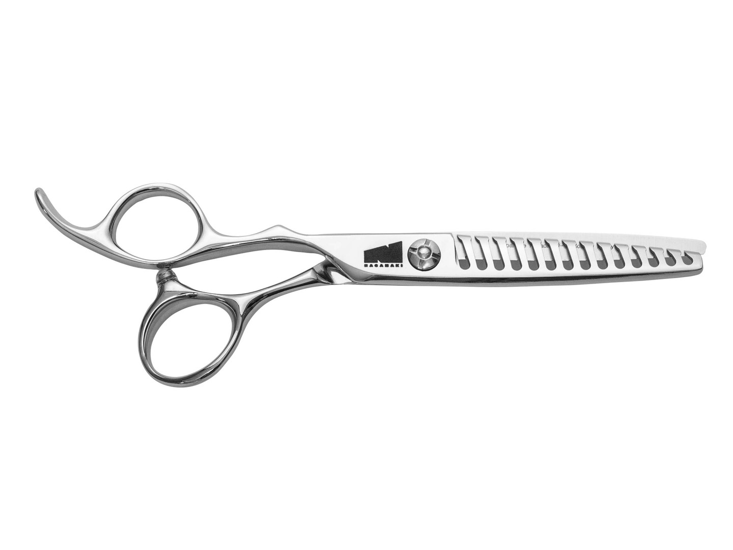 silver left handed scissors with black "N" logo and 14 teeth on one blade