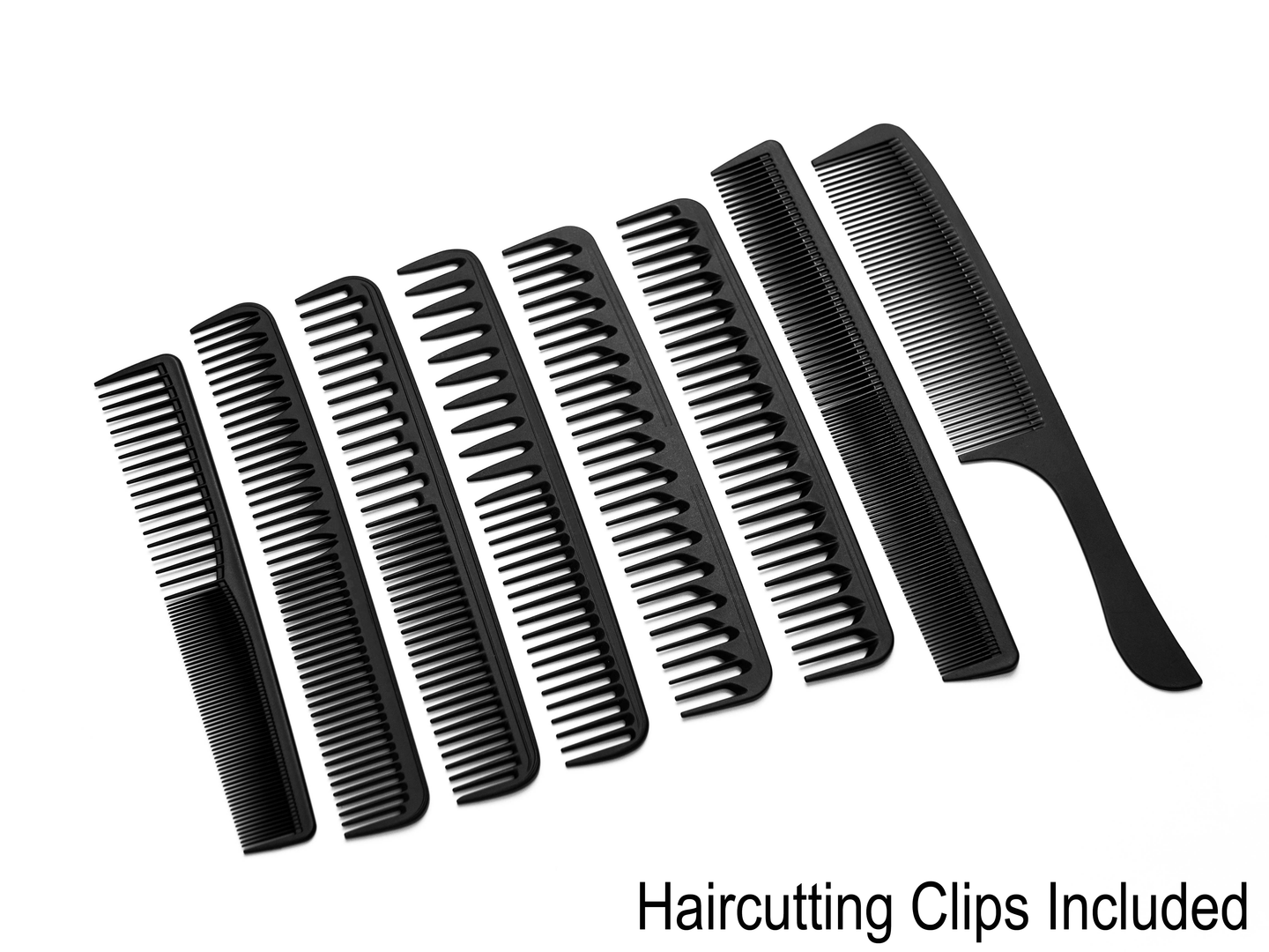 7 black combs in variety with words saying "haircutting clips included below.