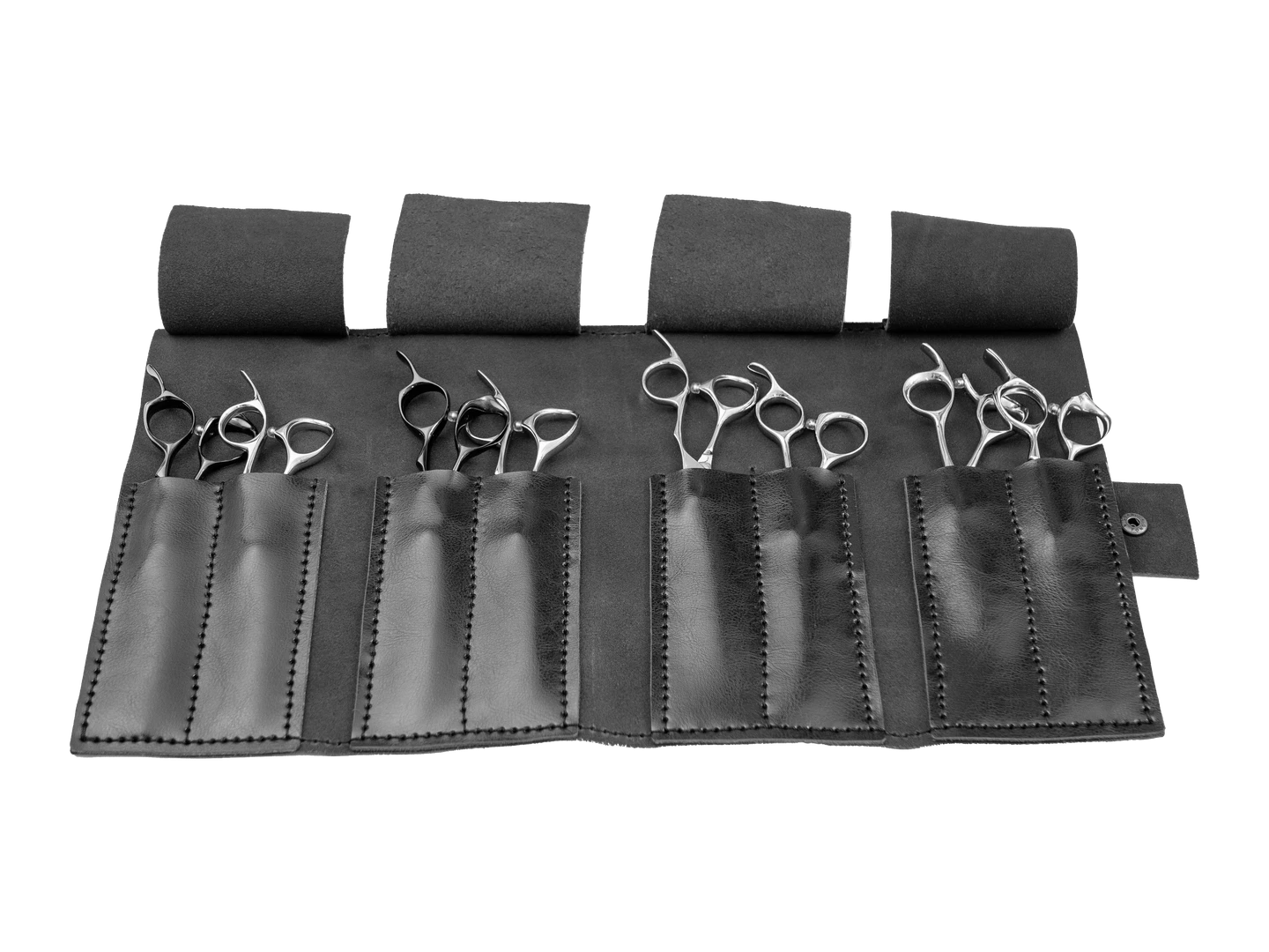 A black leather scissor case opened showing 8 pieces capacity