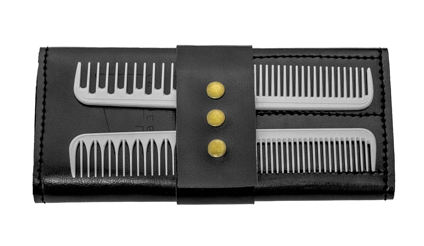 A black leather scissor case showing two combs can be carried
