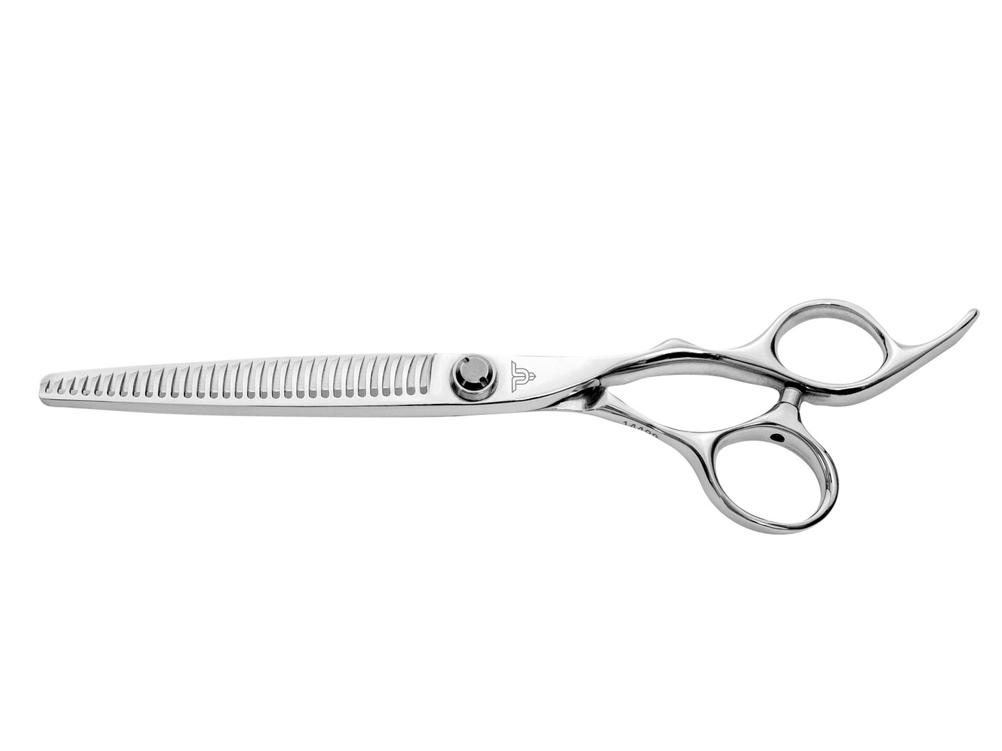 a silver right handed scissor with a "T" logo on the front and 35 teeth on one blade.