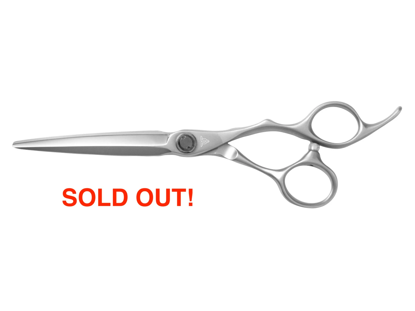 A grey matte right handed scissor with "T" logo on the front with the words in red underneath that says sold out