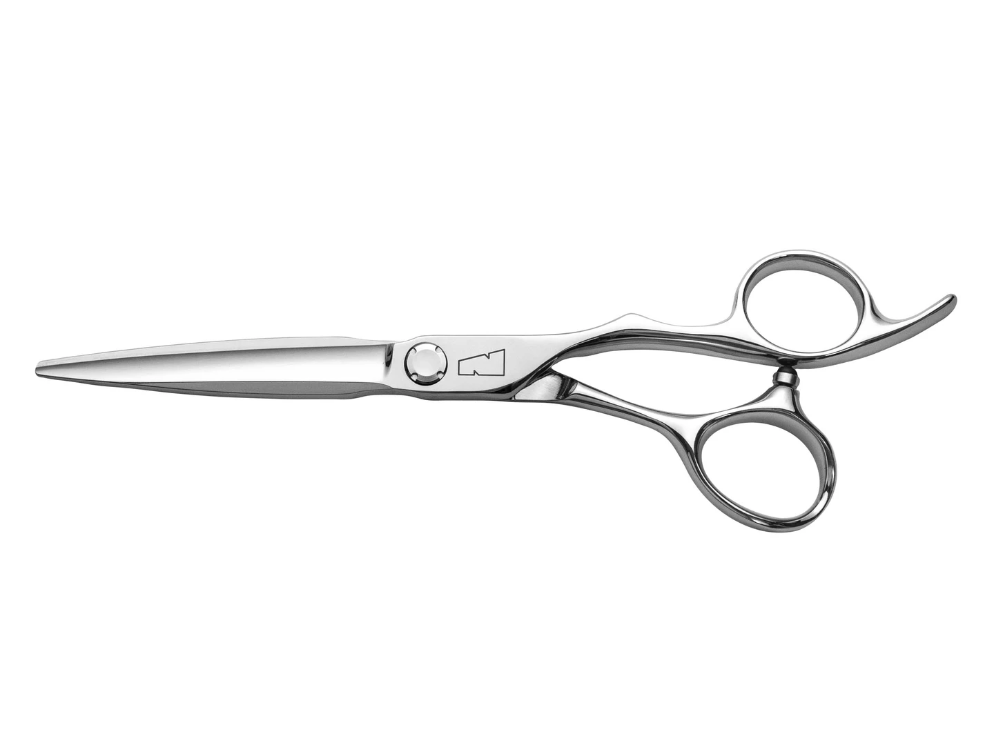 silver colored right handed hair scissor with black "N" logo
