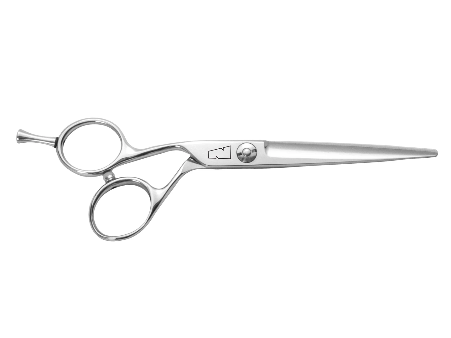 silver colored left handed hair scissor with black "N" logo