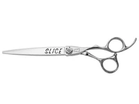 silver colored right handed hair scissor with black "N" logo and the word slice inscibed in black on the blade